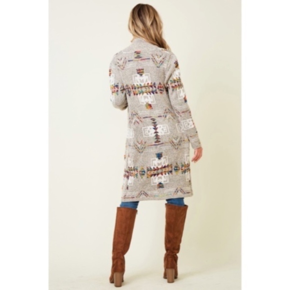 SOLD OUT Oatmeal Rainbow Multi Colored Aztec Tribal Jacquard Open Knit Cardigan - Picture 4 of 10